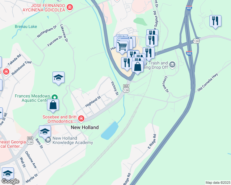 map of restaurants, bars, coffee shops, grocery stores, and more near 7 Victory Street in Gainesville