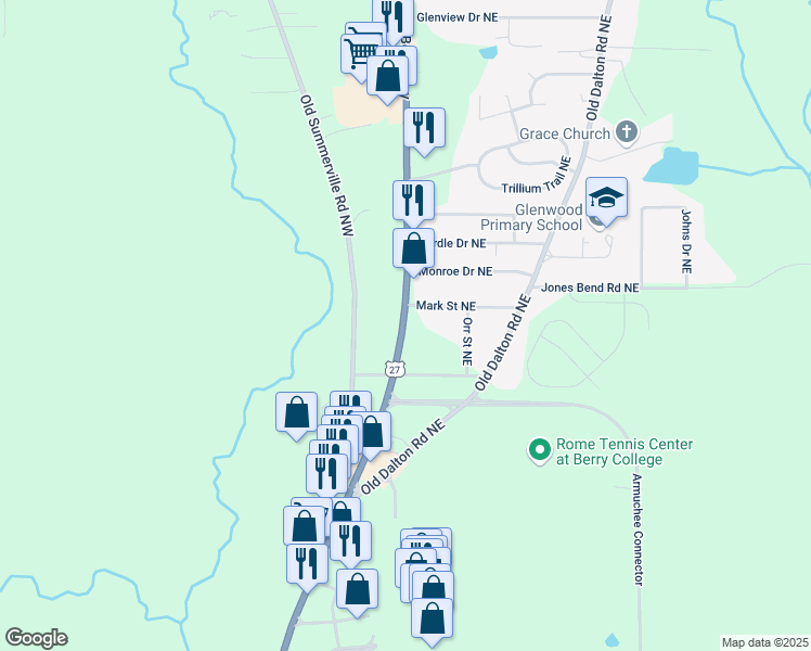 map of restaurants, bars, coffee shops, grocery stores, and more near 3086 Martha Berry Highway in Rome