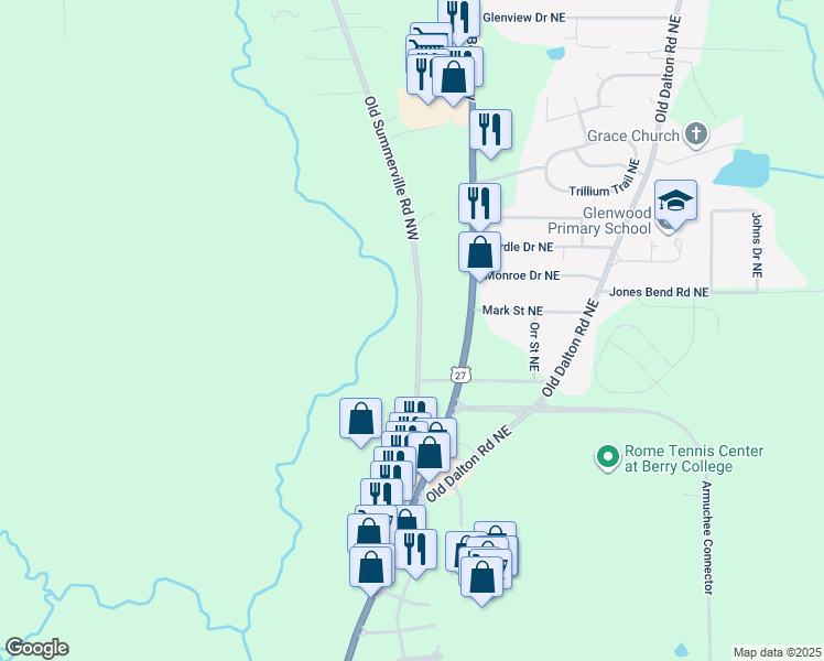 map of restaurants, bars, coffee shops, grocery stores, and more near 309 Old Summerville Road Northwest in Rome