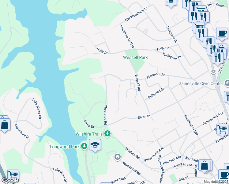 map of restaurants, bars, coffee shops, grocery stores, and more near 1183 Piedmont Way in Gainesville