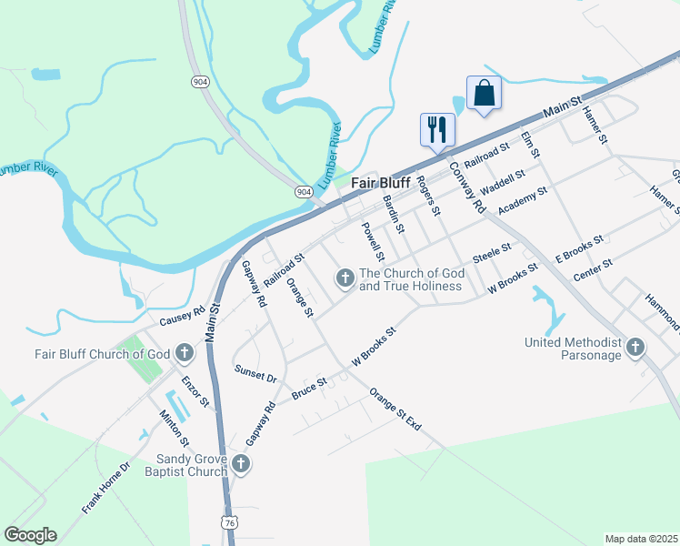 map of restaurants, bars, coffee shops, grocery stores, and more near 104 Bullock Street in Fair Bluff