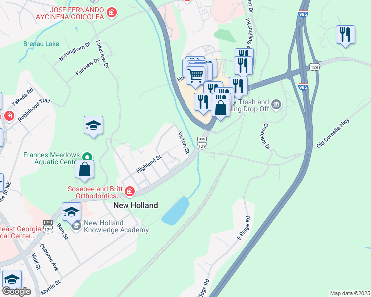 map of restaurants, bars, coffee shops, grocery stores, and more near 7 Victory Street in Gainesville