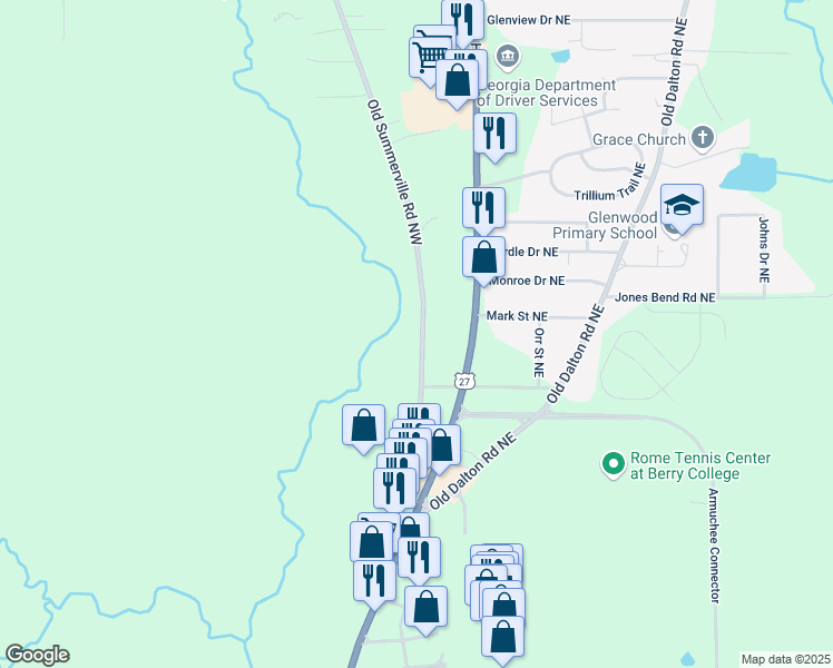 map of restaurants, bars, coffee shops, grocery stores, and more near 309 Old Summerville Road Northwest in Rome