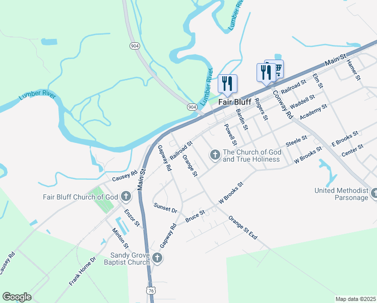 map of restaurants, bars, coffee shops, grocery stores, and more near 909 Railroad St in Fair Bluff