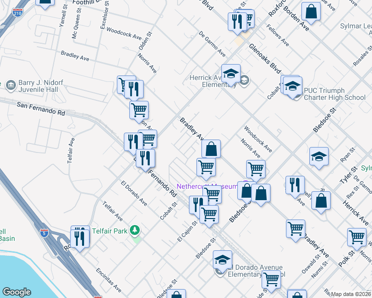 map of restaurants, bars, coffee shops, grocery stores, and more near 15445 Cobalt Street in Los Angeles