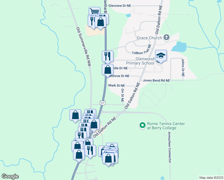 map of restaurants, bars, coffee shops, grocery stores, and more near 3086 Martha Berry Highway in Rome