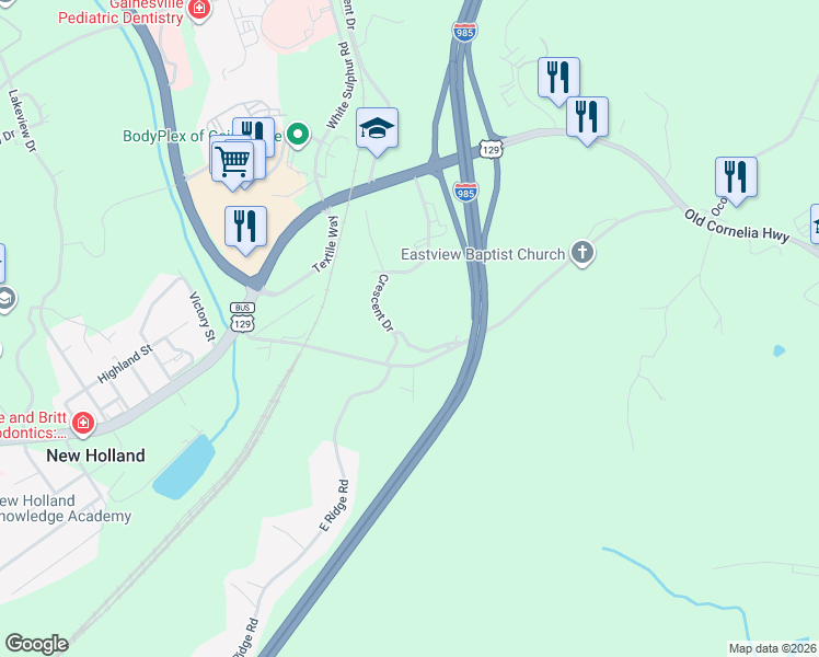 map of restaurants, bars, coffee shops, grocery stores, and more near 190 Crescent Circle in Gainesville