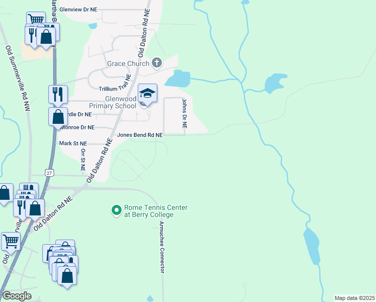 map of restaurants, bars, coffee shops, grocery stores, and more near 11 Coggins Place Northeast in Rome