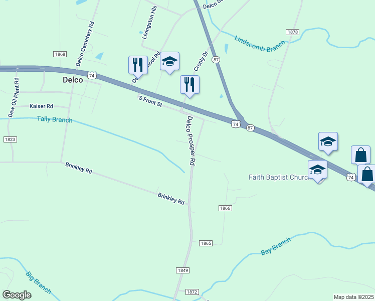 map of restaurants, bars, coffee shops, grocery stores, and more near 248 Delco Prosper Road in Delco