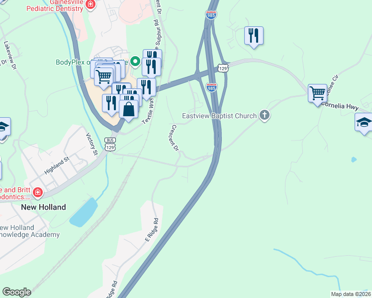 map of restaurants, bars, coffee shops, grocery stores, and more near 190 Crescent Circle in Gainesville