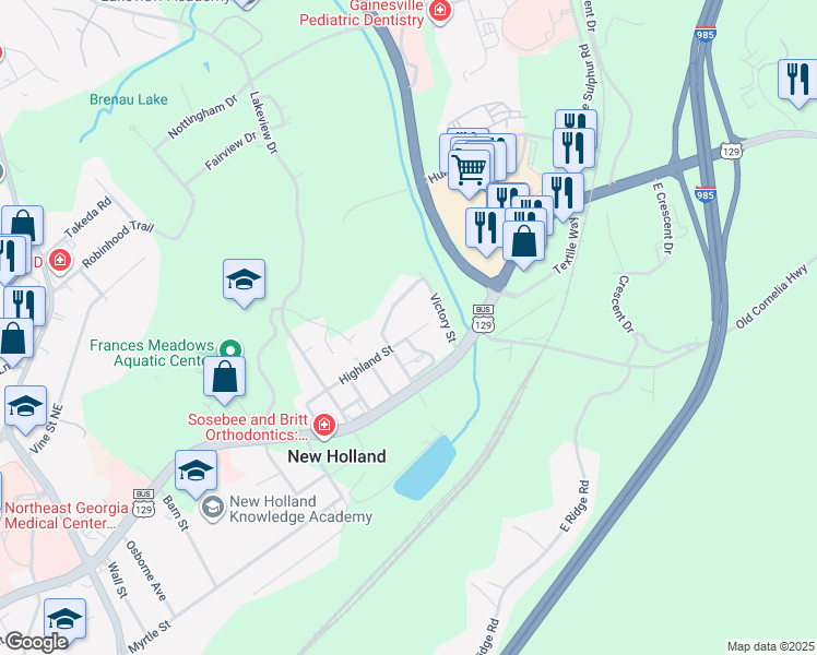 map of restaurants, bars, coffee shops, grocery stores, and more near 10 Highland Street in Gainesville