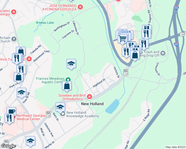 map of restaurants, bars, coffee shops, grocery stores, and more near 527 Liberty Park Drive in Gainesville