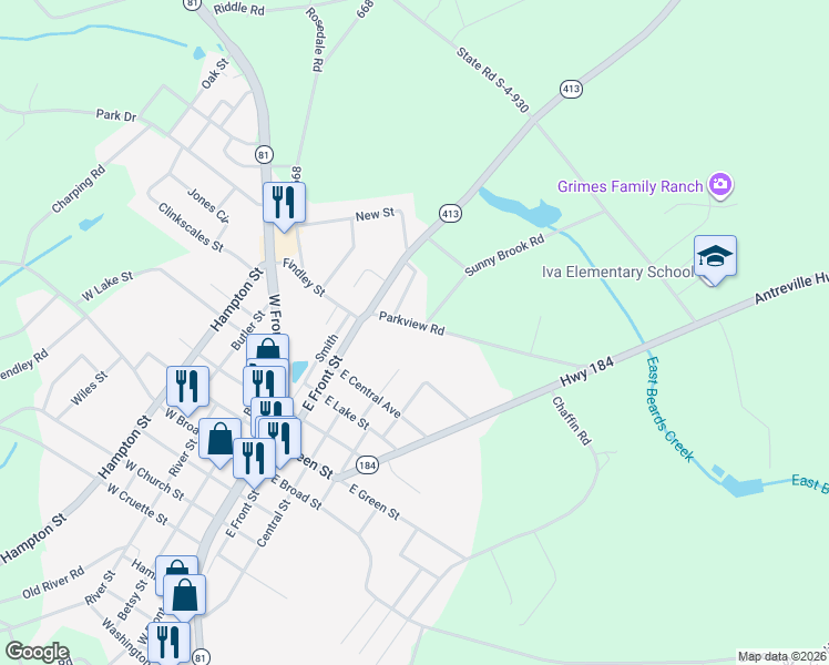 map of restaurants, bars, coffee shops, grocery stores, and more near 111 Sunny Brook Road in Iva