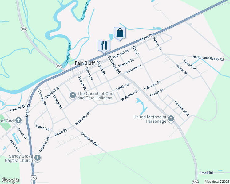 map of restaurants, bars, coffee shops, grocery stores, and more near 155 Steele Street in Fair Bluff