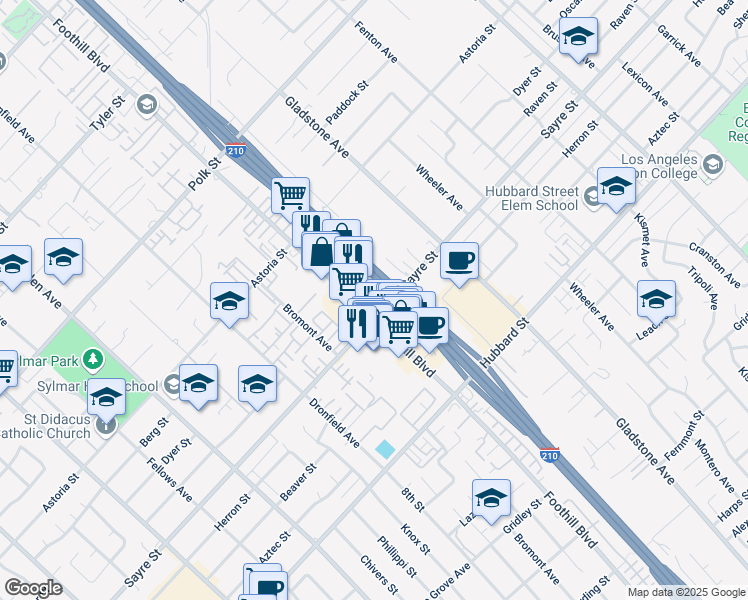 map of restaurants, bars, coffee shops, grocery stores, and more near 13803 Foothill Boulevard in Los Angeles
