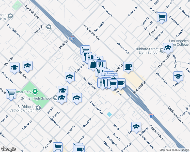 map of restaurants, bars, coffee shops, grocery stores, and more near 13864 Foothill Boulevard in Los Angeles