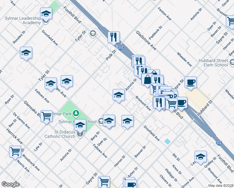 map of restaurants, bars, coffee shops, grocery stores, and more near 14067 Astoria Street in Sylmar