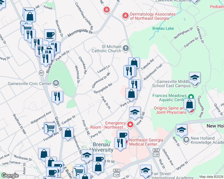 map of restaurants, bars, coffee shops, grocery stores, and more near 1180 Springdale Road in Gainesville