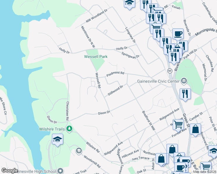 map of restaurants, bars, coffee shops, grocery stores, and more near 1069 Tanglewood Drive in Gainesville