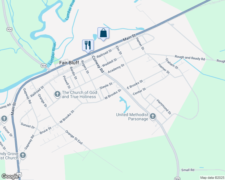 map of restaurants, bars, coffee shops, grocery stores, and more near 84 West Brooks Street in Fair Bluff