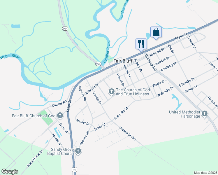 map of restaurants, bars, coffee shops, grocery stores, and more near 78 Bullock Street in Fair Bluff