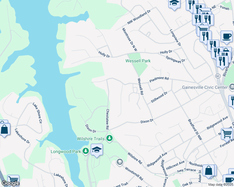 map of restaurants, bars, coffee shops, grocery stores, and more near 1183 Piedmont Way in Gainesville