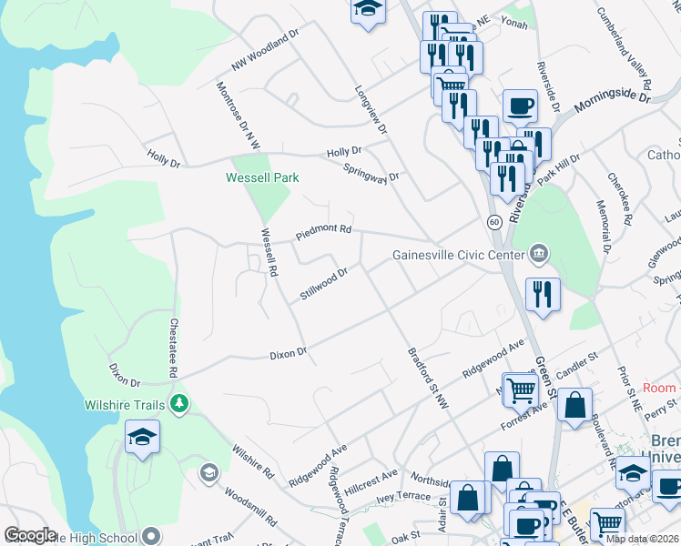 map of restaurants, bars, coffee shops, grocery stores, and more near 1000 Tanglewood Drive in Gainesville