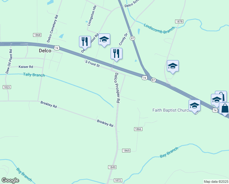 map of restaurants, bars, coffee shops, grocery stores, and more near 248 Delco Prosper Road in Delco