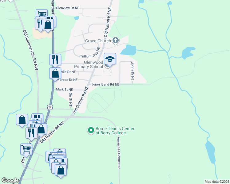 map of restaurants, bars, coffee shops, grocery stores, and more near 117 Jones Bend Road Northeast in Rome