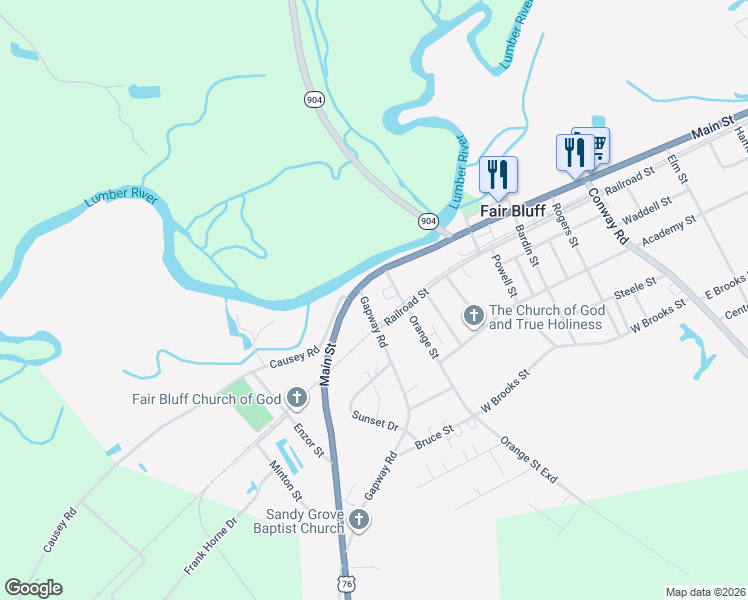 map of restaurants, bars, coffee shops, grocery stores, and more near 33 Gapway Ln in Fair Bluff
