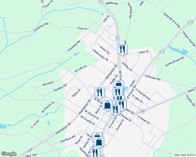 map of restaurants, bars, coffee shops, grocery stores, and more near 404 West Poplar Street in Iva
