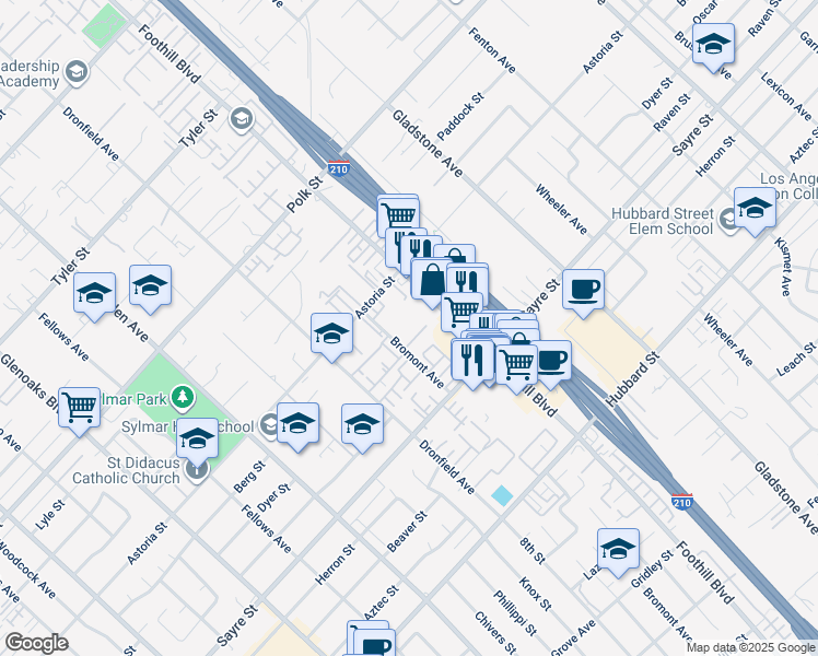 map of restaurants, bars, coffee shops, grocery stores, and more near 13200 Bromont Avenue in Los Angeles