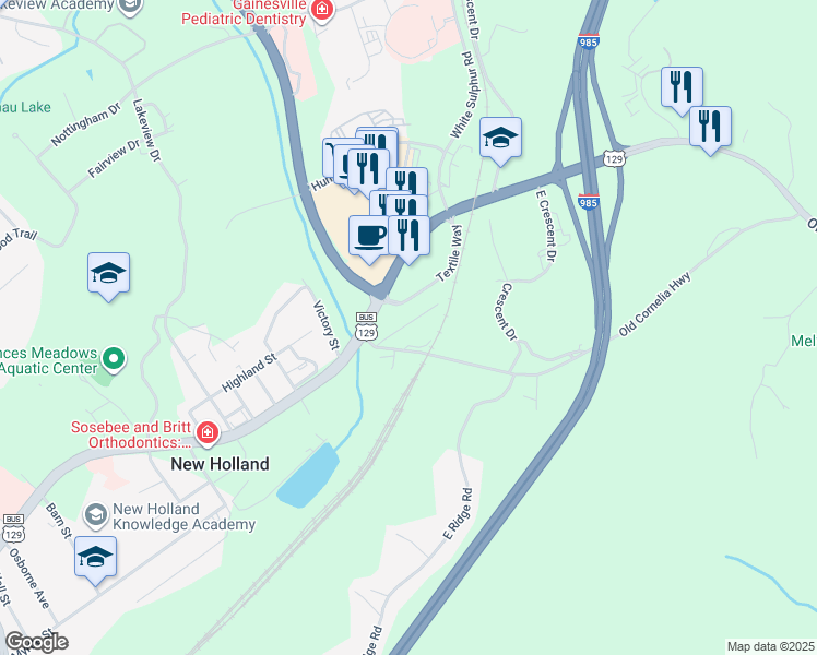 map of restaurants, bars, coffee shops, grocery stores, and more near 13 East Main Street in Gainesville