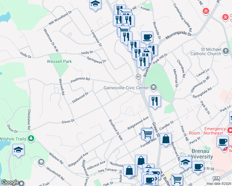 map of restaurants, bars, coffee shops, grocery stores, and more near 311 Vinings Walk Northwest in Gainesville