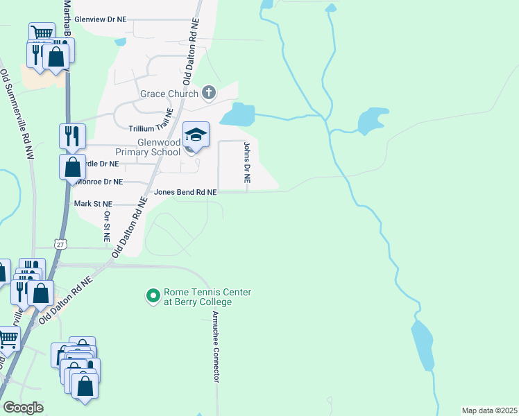 map of restaurants, bars, coffee shops, grocery stores, and more near 15 Coggins Place Northeast in Rome