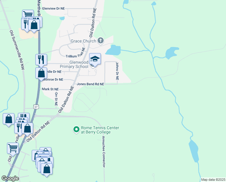 map of restaurants, bars, coffee shops, grocery stores, and more near 3 Coggins Place Northeast in Rome