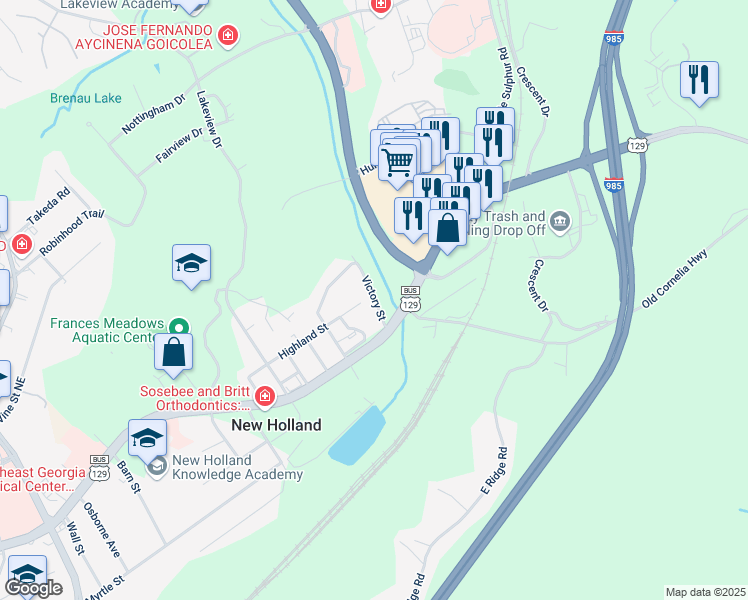 map of restaurants, bars, coffee shops, grocery stores, and more near 10 Victory Street in Gainesville
