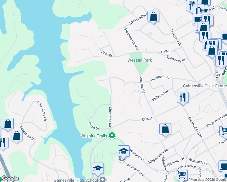 map of restaurants, bars, coffee shops, grocery stores, and more near 1188 Chestatee Road in Gainesville