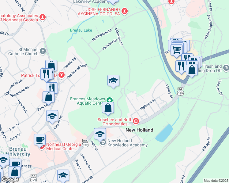 map of restaurants, bars, coffee shops, grocery stores, and more near 1581 Community Way in Gainesville