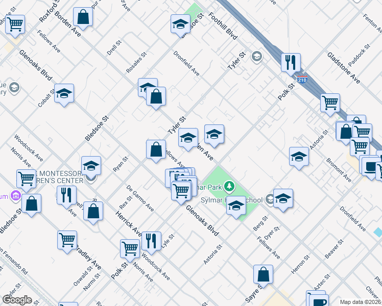 map of restaurants, bars, coffee shops, grocery stores, and more near 14600 Tyler Street in Los Angeles