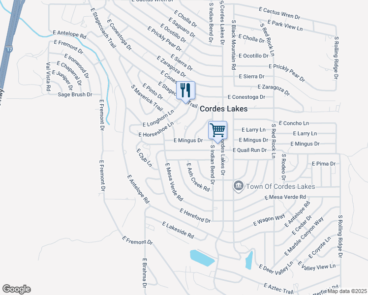 map of restaurants, bars, coffee shops, grocery stores, and more near 20202 E Quail Run Dr in Mayer