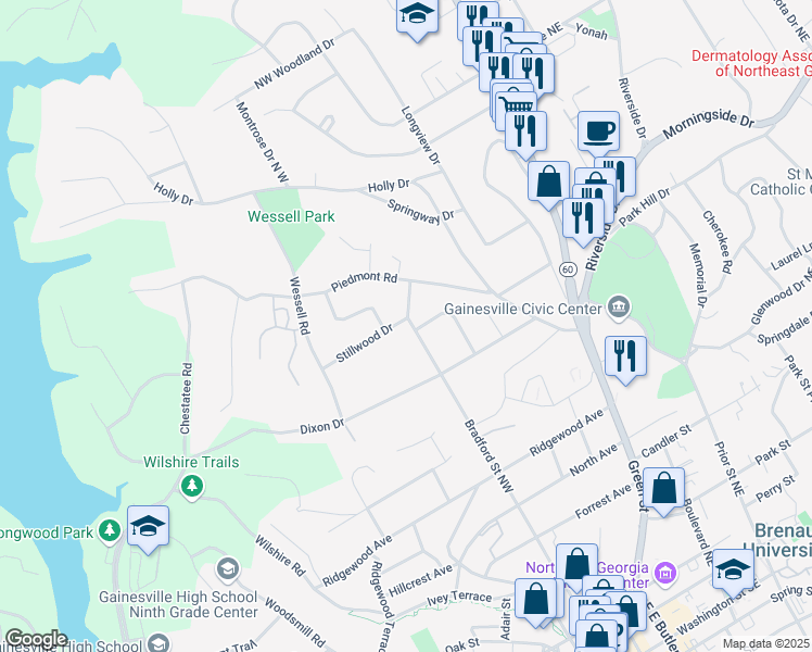 map of restaurants, bars, coffee shops, grocery stores, and more near 445 Stillwood Drive in Gainesville
