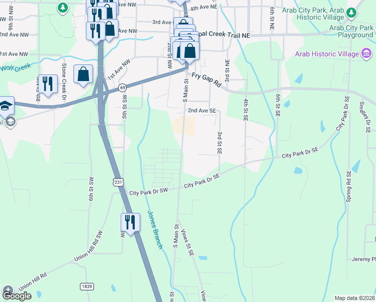 map of restaurants, bars, coffee shops, grocery stores, and more near 363 South Main Street in Arab