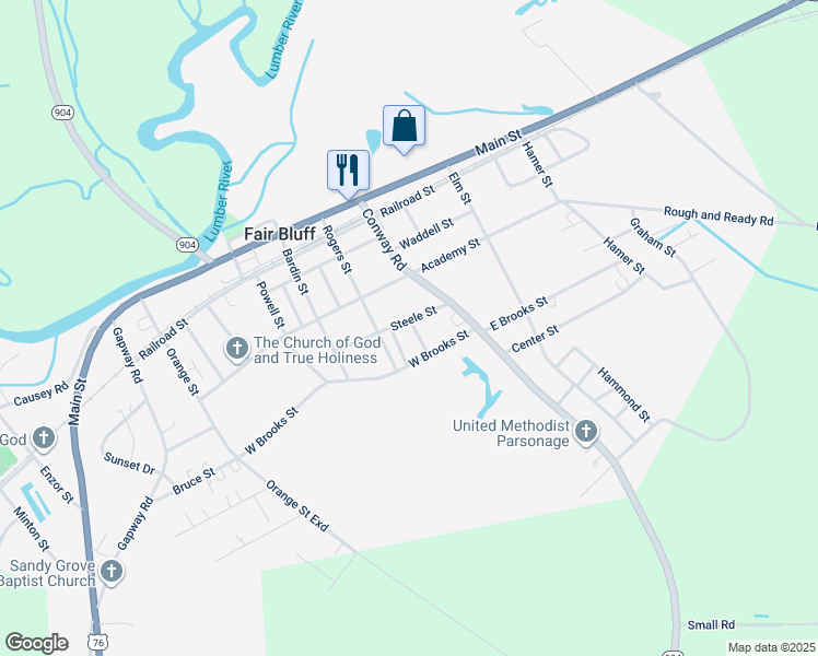 map of restaurants, bars, coffee shops, grocery stores, and more near 107 Steele Street in Fair Bluff