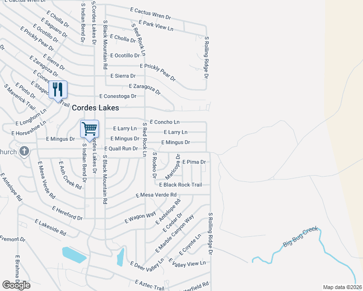 map of restaurants, bars, coffee shops, grocery stores, and more near 20903 East Mingus Drive in Cordes Lakes