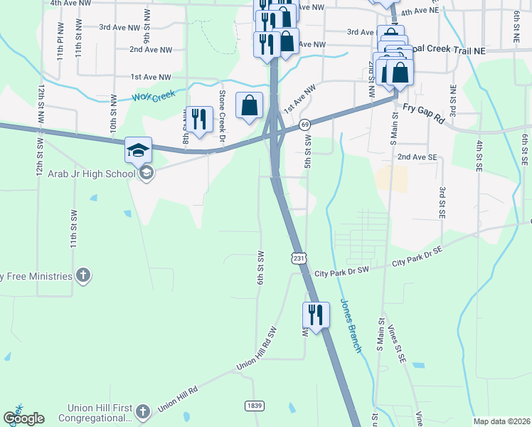 map of restaurants, bars, coffee shops, grocery stores, and more near 332 6th Street Southwest in Arab