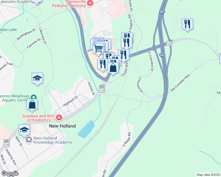 map of restaurants, bars, coffee shops, grocery stores, and more near 13 East Main Street in Gainesville
