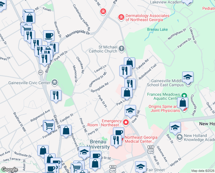 map of restaurants, bars, coffee shops, grocery stores, and more near 1180 Springdale Road in Gainesville