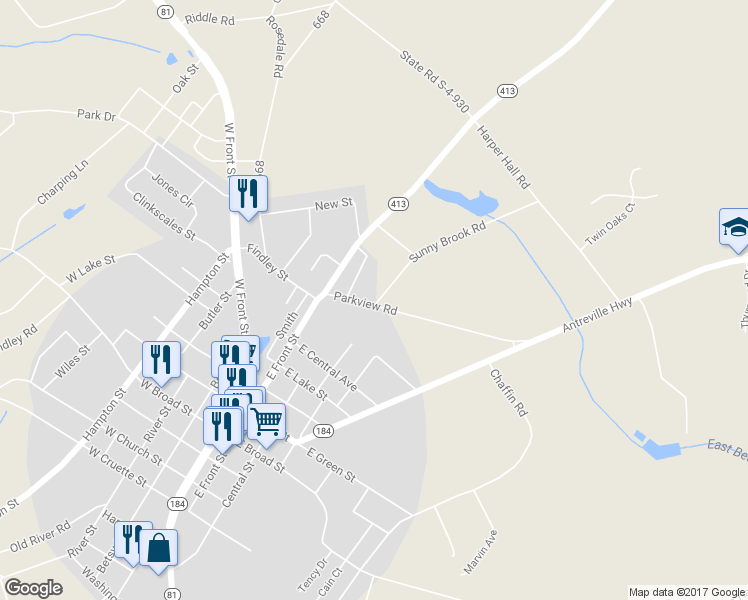map of restaurants, bars, coffee shops, grocery stores, and more near 111 Sunny Brook Road in Iva