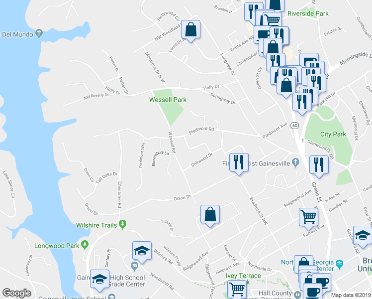 map of restaurants, bars, coffee shops, grocery stores, and more near 1069 Tanglewood Drive in Gainesville